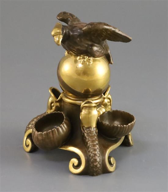 A 19th century French gilt porcelain inkwell, with eagle surmount H. 5.5in.